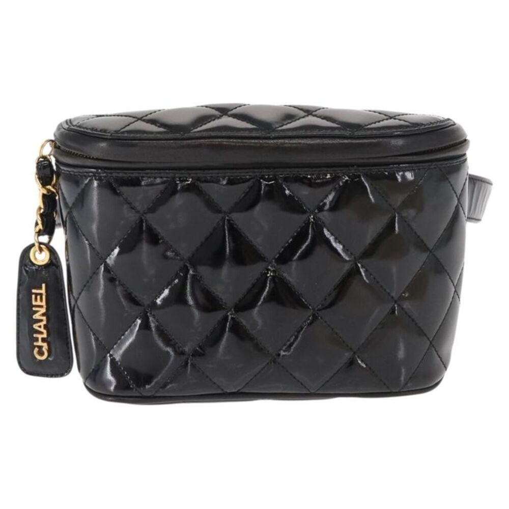 Chanel Vintage Zip Belt Quilted Lambskin Black Patent_Leather Handbag